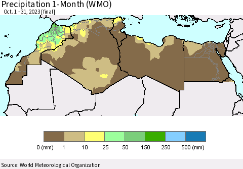 North Africa Precipitation 1-Month (WMO) Thematic Map For 10/1/2023 - 10/31/2023