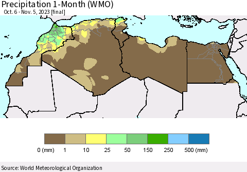 North Africa Precipitation 1-Month (WMO) Thematic Map For 10/6/2023 - 11/5/2023