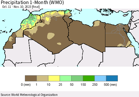 North Africa Precipitation 1-Month (WMO) Thematic Map For 10/11/2023 - 11/10/2023