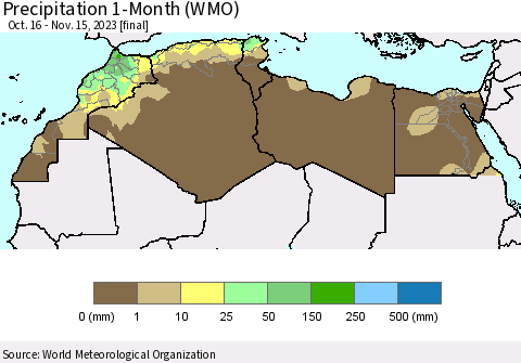 North Africa Precipitation 1-Month (WMO) Thematic Map For 10/16/2023 - 11/15/2023