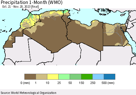 North Africa Precipitation 1-Month (WMO) Thematic Map For 10/21/2023 - 11/20/2023