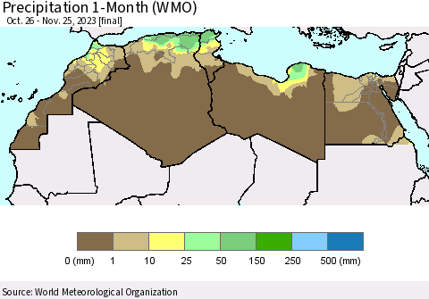 North Africa Precipitation 1-Month (WMO) Thematic Map For 10/26/2023 - 11/25/2023