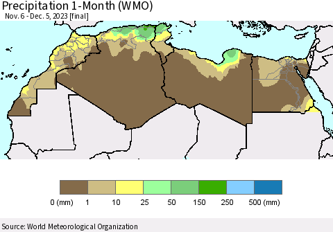 North Africa Precipitation 1-Month (WMO) Thematic Map For 11/6/2023 - 12/5/2023