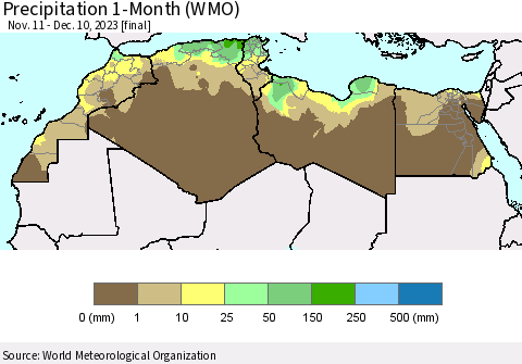 North Africa Precipitation 1-Month (WMO) Thematic Map For 11/11/2023 - 12/10/2023