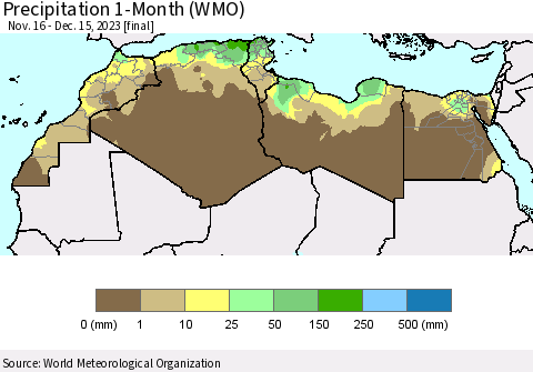 North Africa Precipitation 1-Month (WMO) Thematic Map For 11/16/2023 - 12/15/2023