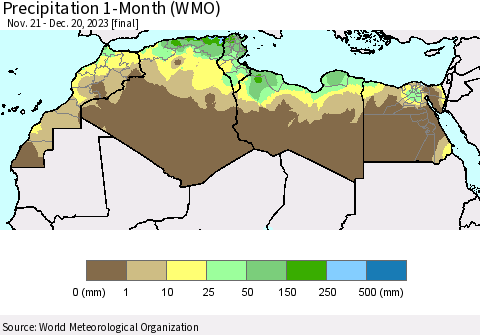 North Africa Precipitation 1-Month (WMO) Thematic Map For 11/21/2023 - 12/20/2023