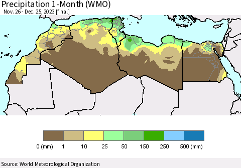 North Africa Precipitation 1-Month (WMO) Thematic Map For 11/26/2023 - 12/25/2023
