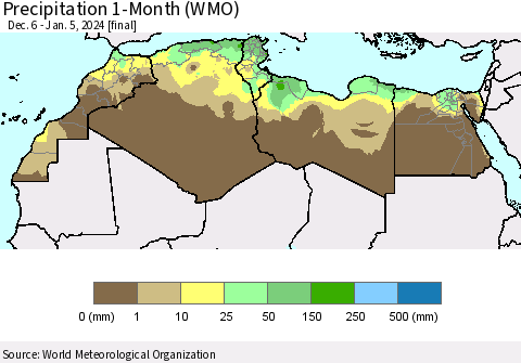 North Africa Precipitation 1-Month (WMO) Thematic Map For 12/6/2023 - 1/5/2024