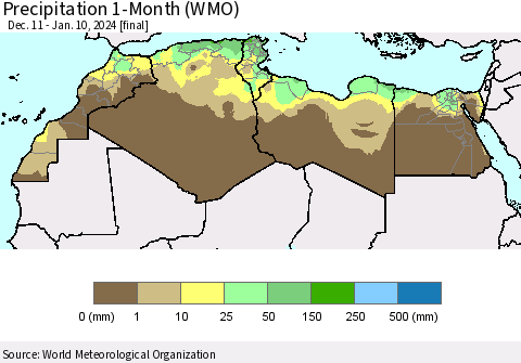 North Africa Precipitation 1-Month (WMO) Thematic Map For 12/11/2023 - 1/10/2024