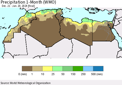 North Africa Precipitation 1-Month (WMO) Thematic Map For 12/21/2023 - 1/20/2024