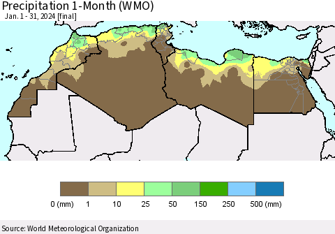 North Africa Precipitation 1-Month (WMO) Thematic Map For 1/1/2024 - 1/31/2024