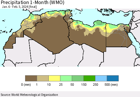 North Africa Precipitation 1-Month (WMO) Thematic Map For 1/6/2024 - 2/5/2024