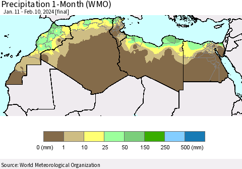 North Africa Precipitation 1-Month (WMO) Thematic Map For 1/11/2024 - 2/10/2024