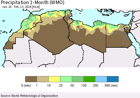 North Africa Precipitation 1-Month (WMO) Thematic Map For 1/16/2024 - 2/15/2024