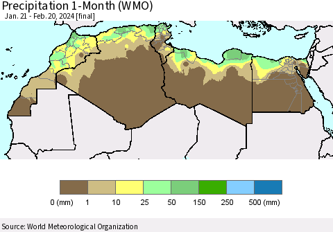 North Africa Precipitation 1-Month (WMO) Thematic Map For 1/21/2024 - 2/20/2024