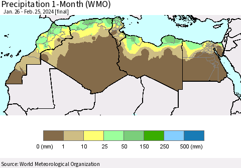 North Africa Precipitation 1-Month (WMO) Thematic Map For 1/26/2024 - 2/25/2024
