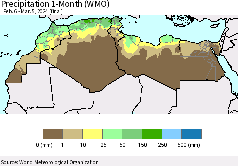 North Africa Precipitation 1-Month (WMO) Thematic Map For 2/6/2024 - 3/5/2024
