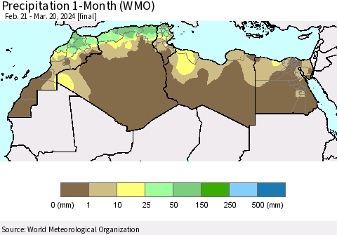 North Africa Precipitation 1-Month (WMO) Thematic Map For 2/21/2024 - 3/20/2024