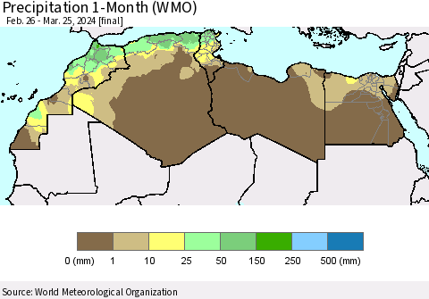 North Africa Precipitation 1-Month (WMO) Thematic Map For 2/26/2024 - 3/25/2024