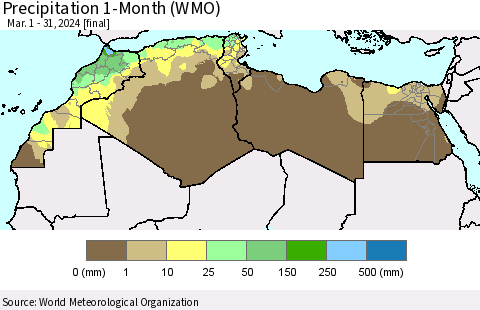 North Africa Precipitation 1-Month (WMO) Thematic Map For 3/1/2024 - 3/31/2024