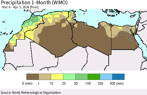 North Africa Precipitation 1-Month (WMO) Thematic Map For 3/6/2024 - 4/5/2024