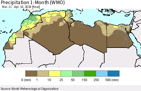 North Africa Precipitation 1-Month (WMO) Thematic Map For 3/11/2024 - 4/10/2024
