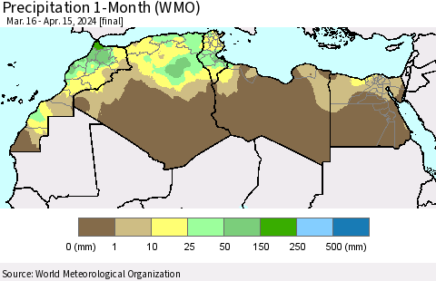 North Africa Precipitation 1-Month (WMO) Thematic Map For 3/16/2024 - 4/15/2024