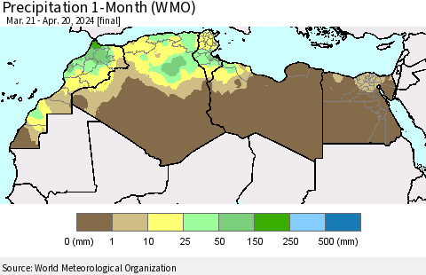 North Africa Precipitation 1-Month (WMO) Thematic Map For 3/21/2024 - 4/20/2024