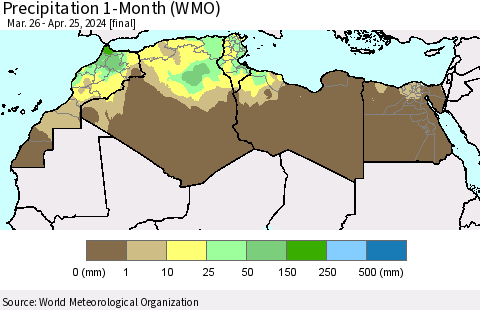 North Africa Precipitation 1-Month (WMO) Thematic Map For 3/26/2024 - 4/25/2024
