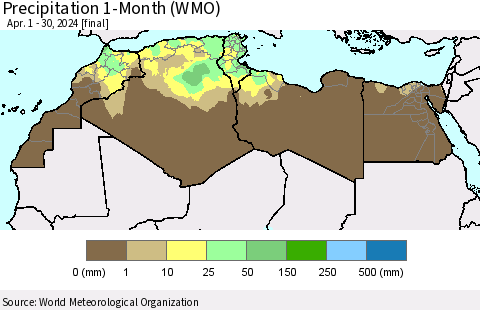 North Africa Precipitation 1-Month (WMO) Thematic Map For 4/1/2024 - 4/30/2024