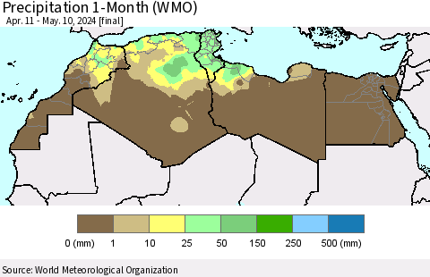 North Africa Precipitation 1-Month (WMO) Thematic Map For 4/11/2024 - 5/10/2024