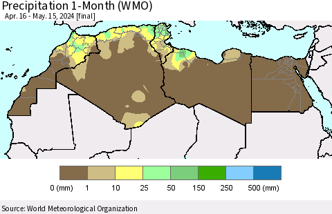 North Africa Precipitation 1-Month (WMO) Thematic Map For 4/16/2024 - 5/15/2024