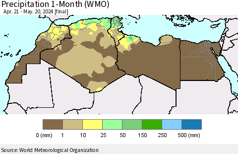 North Africa Precipitation 1-Month (WMO) Thematic Map For 4/21/2024 - 5/20/2024