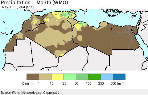 North Africa Precipitation 1-Month (WMO) Thematic Map For 5/1/2024 - 5/31/2024
