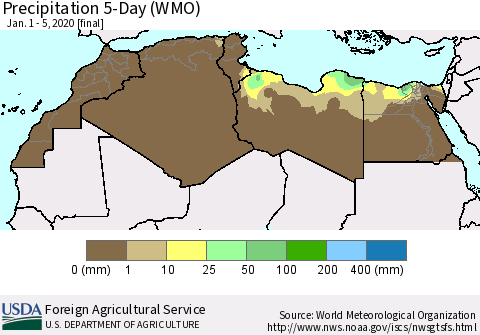 North Africa Precipitation 5-Day (WMO) Thematic Map For 1/1/2020 - 1/5/2020