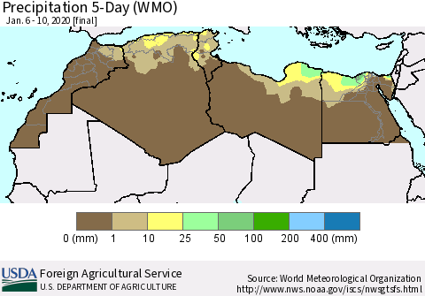 North Africa Precipitation 5-Day (WMO) Thematic Map For 1/6/2020 - 1/10/2020