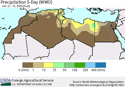 North Africa Precipitation 5-Day (WMO) Thematic Map For 1/11/2020 - 1/15/2020