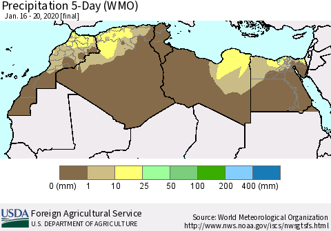 North Africa Precipitation 5-Day (WMO) Thematic Map For 1/16/2020 - 1/20/2020