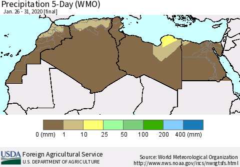North Africa Precipitation 5-Day (WMO) Thematic Map For 1/26/2020 - 1/31/2020