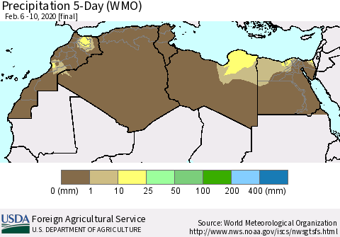 North Africa Precipitation 5-Day (WMO) Thematic Map For 2/6/2020 - 2/10/2020