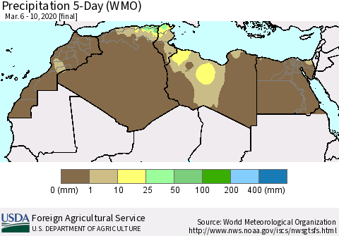 North Africa Precipitation 5-Day (WMO) Thematic Map For 3/6/2020 - 3/10/2020