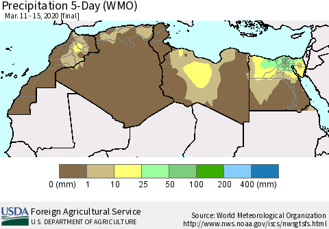 North Africa Precipitation 5-Day (WMO) Thematic Map For 3/11/2020 - 3/15/2020
