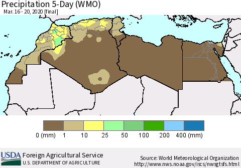 North Africa Precipitation 5-Day (WMO) Thematic Map For 3/16/2020 - 3/20/2020