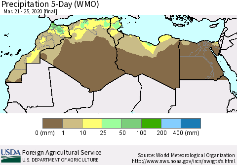 North Africa Precipitation 5-Day (WMO) Thematic Map For 3/21/2020 - 3/25/2020