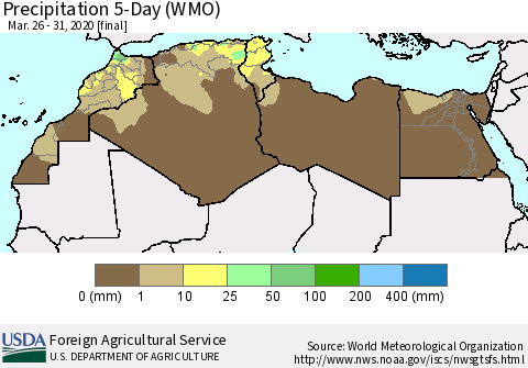 North Africa Precipitation 5-Day (WMO) Thematic Map For 3/26/2020 - 3/31/2020