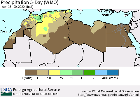 North Africa Precipitation 5-Day (WMO) Thematic Map For 4/16/2020 - 4/20/2020
