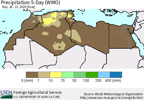 North Africa Precipitation 5-Day (WMO) Thematic Map For 5/26/2020 - 5/31/2020