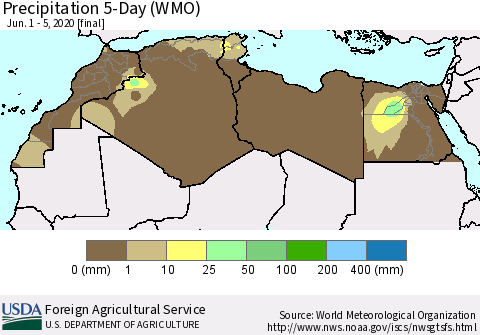 North Africa Precipitation 5-Day (WMO) Thematic Map For 6/1/2020 - 6/5/2020