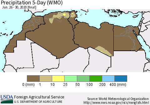 North Africa Precipitation 5-Day (WMO) Thematic Map For 6/26/2020 - 6/30/2020