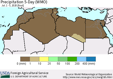North Africa Precipitation 5-Day (WMO) Thematic Map For 7/1/2020 - 7/5/2020